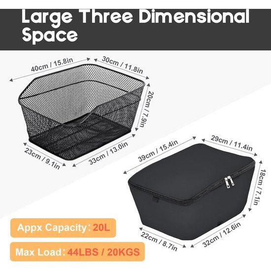 Fietsmand, schooltassenmand, universele fietsmand achter, 20 liter, grote capaciteit, bagagedrager, waterdichte fietsmand, metaal