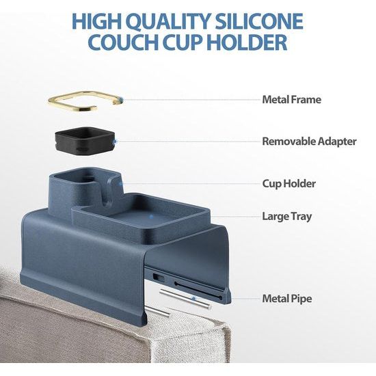 Sofatablet, bank, drankhouder & sofa, dienblad, siliconen, antislip, met bekerhouder, antislip basis, bekerhouder, bank, armleuning (blauw)