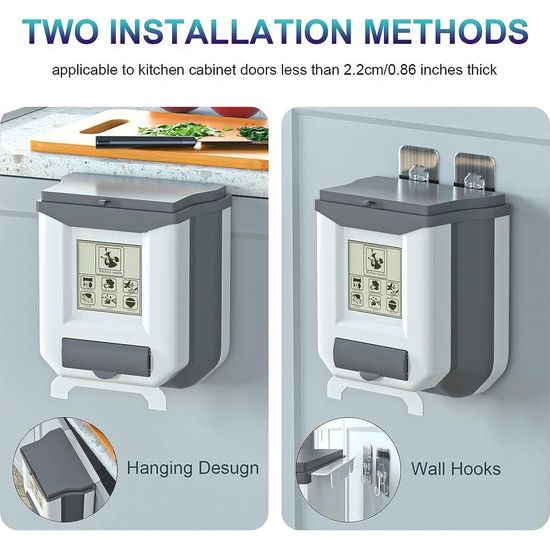 Opvouwbare hangende afvalemmer met deksel, keuken, camping, opvouwbare afvalemmer, keuken, afvalemmer, ophangbaar voor keuken/camping/auto/badkamer/kantoor/slaapkamer (grijs)