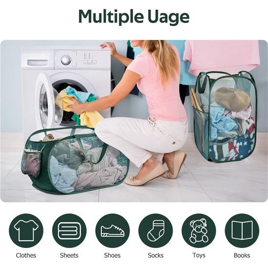 Opvouwbare wasmand, 2 stuks, 70 liter, pop-up wasmand, inklapbaar, groot met mesh, 36 x 36 x 58 cm, laundry manden met handgrepen, opvouwbare stoffen mand, statiegeldflessen, verzamelbak