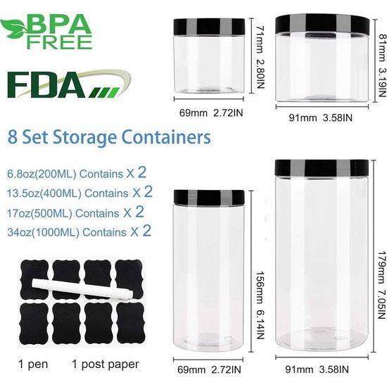 plastic opbergcontainers, opbergdoos keuken 8-delige opbergcontainerset (0,2L+0,4L+0,5L+1L) met deksel, opslagcontainers, cornflakes opbergdoos voor opslag granenmeel theekruiden