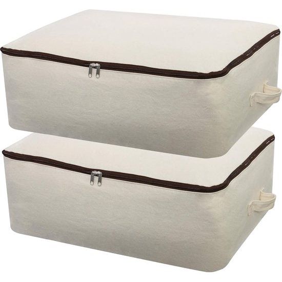 2 STUKS Duurzame Dikke Zachte Ademende Canvas Opbergzakken Organisator voor beddengoed, dekbedden, kussens, dekens, kleding, 65x47x22cm, Beige