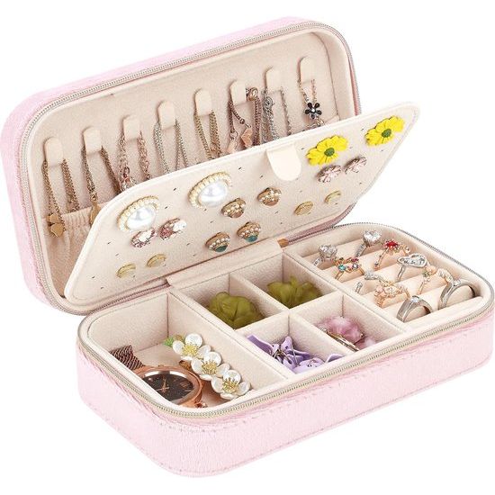 Klein fluwelen reissieradendoosje, klein fluwelen sieradendoosje voor meisjes en vrouwen, mini-sieradenorganisator voor ringen, oorbellen, kettingen, armbanden, klein sieradendoosje, roze