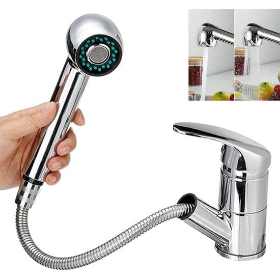 Keukenkraan met douche-uitloop met 2 functies, 360° draaibare keukenmengkraan met één hendel van chroom, warm- en koudregelfunctie, geschikt voor keuken, badkamer en bar