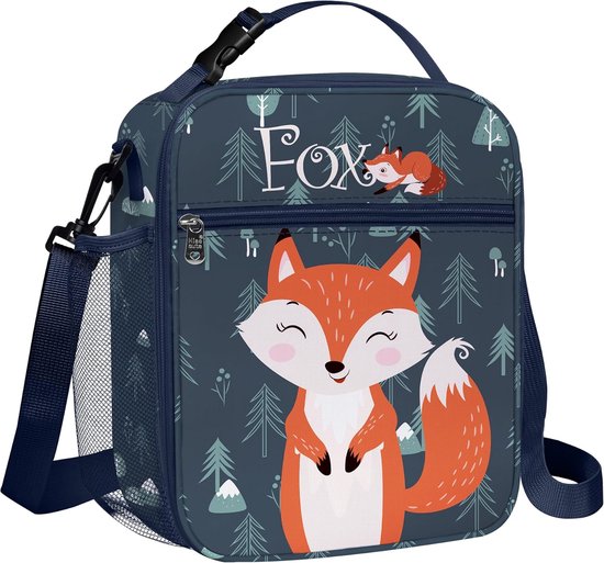 Fuchs geïsoleerde lunchtas voor kinderen, met flessenhouder, blauwe koeltas, klein, draagbaar, voor jongens en meisjes