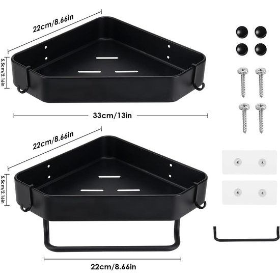 Doucheplank zonder boren mat afwerking doucherek hoek badkamer rek roestvrij staal 2 stuks, douchemand met vier haken met handdoekhouder, shampoohouder voor douche, badkamerorganizer, zwart