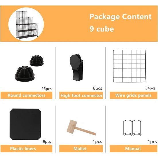 9 Plank Draadkubus Stapelbare Plankkubus DIY Metalen Rooster Plank Kubus Boekenplank Kubus Plank met Deuren voor Woonkamer, Slaapkamer, Badkamer Zwart