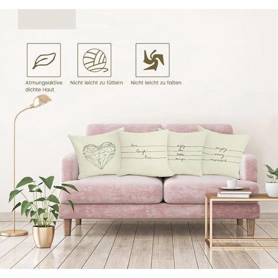 Kussenslopen 4 stuks 40x40 linnen mix kussensloop hart bankkussenovertrek set "Love Laugh Live" kussenhoezen crème decoratief kussen