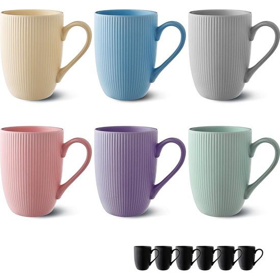 Koffiekopjes set van 6 moderne kleurrijke pastelkleuren - uniek strepenpatroon - mat keramiek - magnetronbestendig - vaatwasmachinebestendig & comfortabele grip