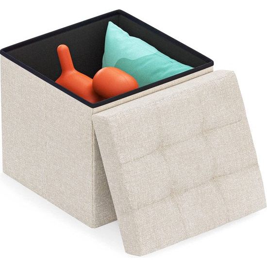 Kruk met opbergruimte, poef, kruk, opbergdoos, zitblok, inklapbaar, zitbank, gestoffeerd, zitkist, bank, ottoman fabric bekleding, stoel voor hal, kantoor, make-uptafel, eohnkamer, slaapkamer, beige