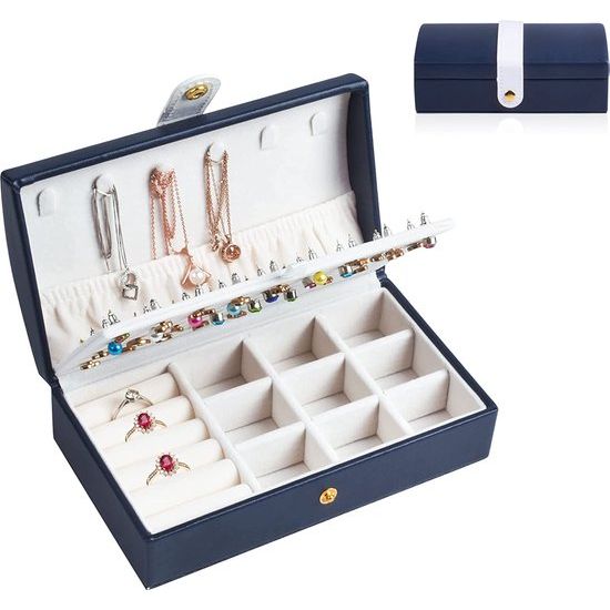 2-laags PU-opbergdoos voor ringen, oorbellen, armbanden, kettingen, reissieraden, organisator, geschenkdoos voor meisjes, vrouwen (blauw)