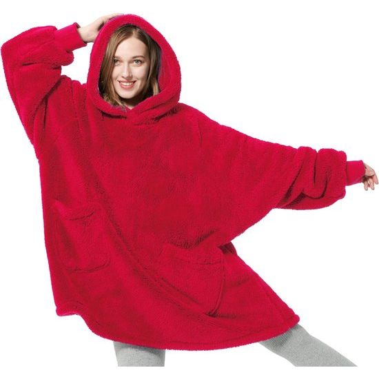 Hoodie deken met mouwen dekenpullover - draagbare deken om aan te trekken als cadeau voor vrouwen dames, warme knuffeltrui volwassenen zachte mouwdeken rood 95 x 85 cm