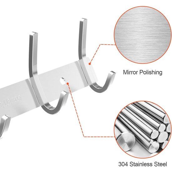 Haaklijst garderobe SUS304 roestvrij staal modern, kledinghakenlijst muur geborstelde look dubbele haken, jashaken kledinghaken met 6 haken, kledinghaken voor keuken, slaapkamer, kantoor
