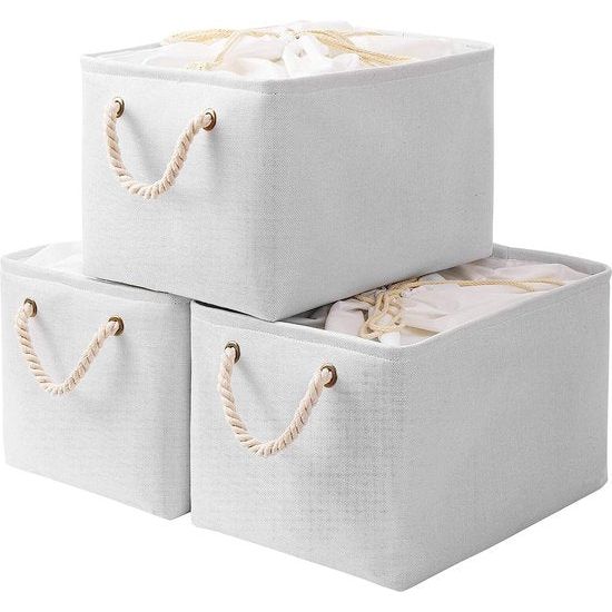 Set van 3 opbergdozen met deksel 42 x 32 x 26 cm, opvouwbare stoffen dozen met trekkoorddeksel en 2 handvatten, stoffen opbergdoos, kubussen, wit