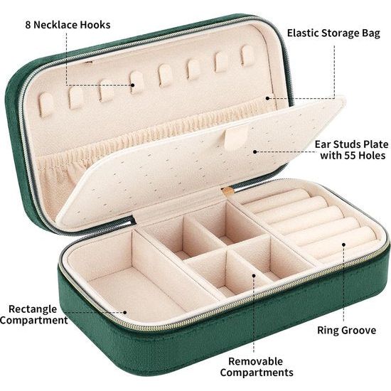 Klein reissieradenkistje, fluweel, voor meisjes en vrouwen, mini-sieradenorganizer, opslag voor ringen, oorbellen, halskettingen, armbanden, klein sieradenkistje, donkergroen