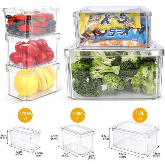 Koelkastorganizerset, set van 9 transparante opbergdozen, koelkastdozen, stapelbare koelkastcontainers met deksel voor keukens, kasten, voorraadkast, lade