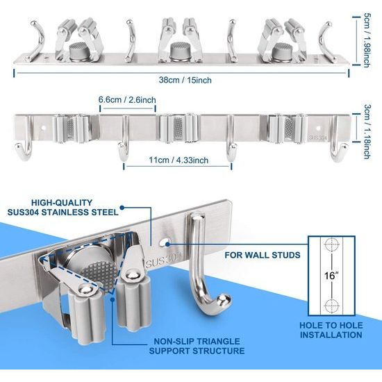 Apparaathouder Wandhouder RVS bezemhouder de verborgen zone boren van huis badkamer garage Tuin (incl. Schroevenen en Plakstrips) 3 huizen en 4 haken grijs