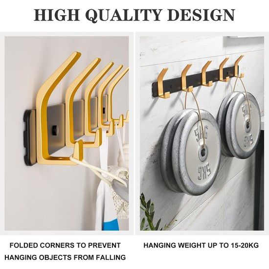 Kapstokhaken, zwart en goud, met 5 haken, deurhaken voor badkamer, keuken, woonkamer en hal
