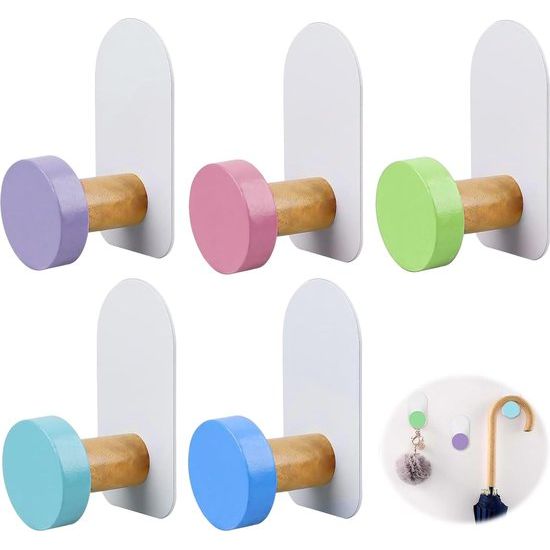5 stuks kleurrijke wandhaken, zelfklevend, kinderkledinghaken, onbreekbaar, zonder boren, voor badkamer en keuken (5 kleuren)