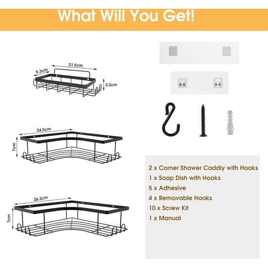 Shower Shelf, No Drilling Corner, Pack of 3 Shower Shelves, Black Shower Basket, Rustproof Stainless Steel Corner Shelf, Shower, Bathroom Shelf, No Drilling, for Bathroom Storage with Soap Dish