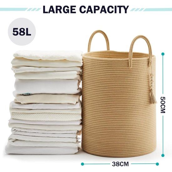 Gevlochten wasmand, speelgoedopberger, opbergmand met handvat, handgemaakt katoen (puur bruin, 38 cm (D) x 50 cm (H))