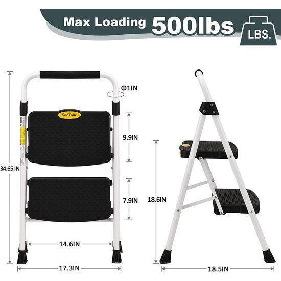 HBTower 2-traps ladder, opklapbare opstapkruk met breed antislippedaal, stevige praktische handgreep, lichtgewicht 228 kg draagbare stalen opstapkruk, wit