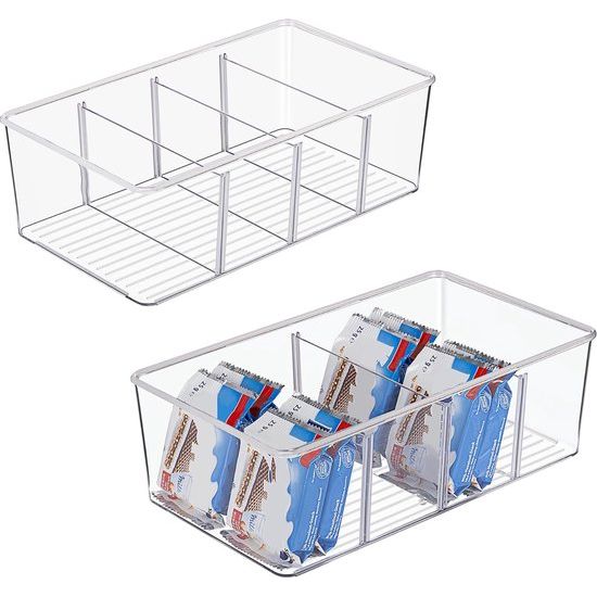 Set van 2 koelkastorganizers met 4 vakken, BPA-vrije keuken, stapelbare voedselopbergdoos voor theezakjes, snacks, specerijen, doorzichtig