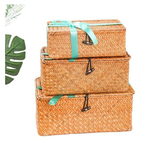 Opbergbox van zeegras, bastmand met deksel, opbergmanden plankmanden, rieten mand, wasmanden, make-up-organizer, keuken, woonkamer, bureau-opslag, natuurlijk materiaal, rotan mand