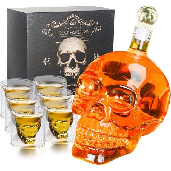 Schedel glazen set, whisky karaf cadeauset voor mannen - hoog borosilicaatglas 550 ml decanteerfles en 6 kleine wijnglazen (75ml) creatieve wijnset