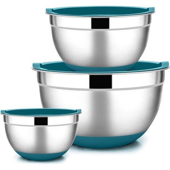 Mengkom, set van 3, roestvrijstalen kom met luchtdicht deksel en antislip bodem, slakomset voor keuken, bakken, koken, bereiden, vaatwasser, 4,6 l, 2,8 l, 1,2 l (blauw)