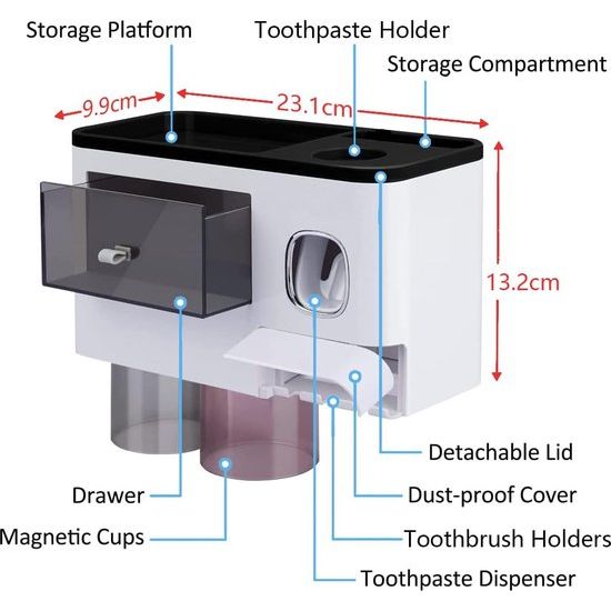 Wandgemonteerde tandenborstelhouderset met 2 kopjes, zonder boren, automatische tandpastadispenser, 6 tandenborstelvakken voor kinderen en volwassenen, met cosmetica-organizer-lade (zwart,