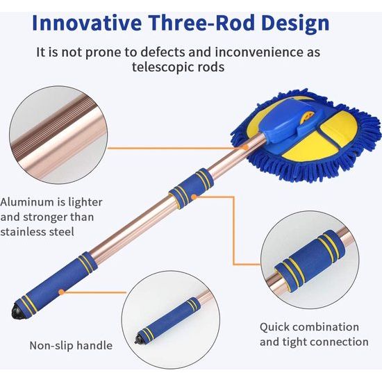 Autowasborstel 160 cm 3-in-1 wasborstel met telescopisch handvat multifunctionele reinigingsborstel microvezel koraal chenille autowasmop 180° roterende washandschoen voor auto RV SUV camper Blauw