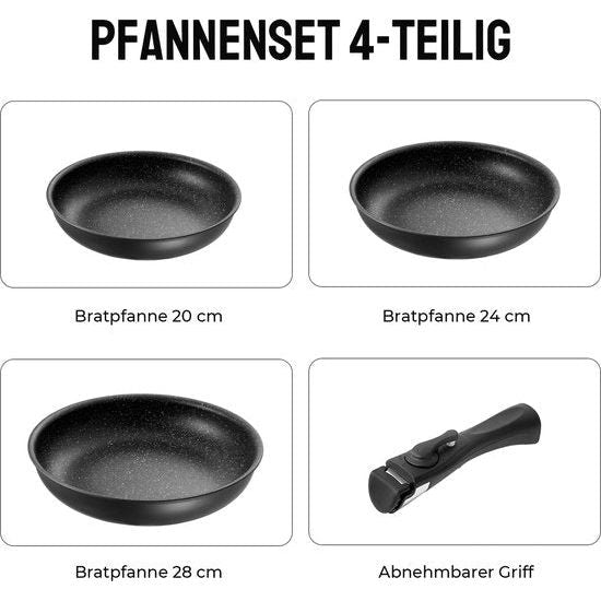 Pannenset, 4-delig, 20 + 24 + 28 cm, braadpannenset met afneembare handgreep, voor alle warmtebronnen, ook inductie, anti-aanbaklaag, ovenbestendig, eenvoudige reiniging, zwart