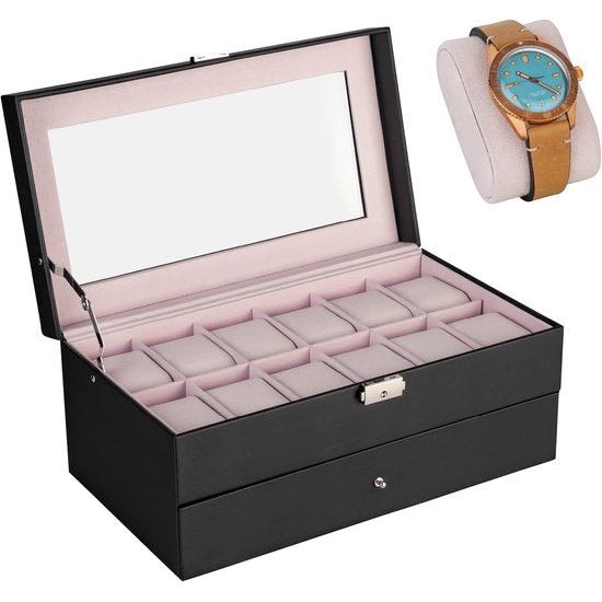 Sieradendoos en horlogedoos, zwart - 12 horloges opbergdoos en sieradenopslag, opslaghorloges dames en heren horlogedoos 12 horloges (roze)