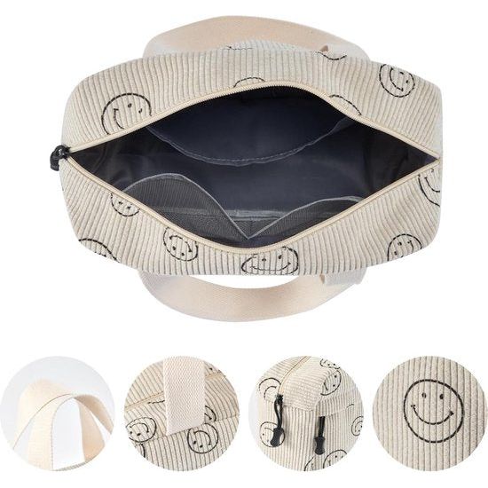 Toilettas Koord Dames Grote Cosmetische Tas Koord Make-up Tas Koord Cosmetische Tas met Glimlach Corduroy Cosmetische Tas Reizen Cosmetische Tas voor Reizen Meisjes Dames, BEIGE-B