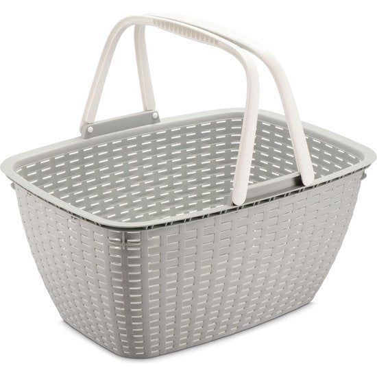 Boodschappenmand met handvat, lichte draagmand van kunststof, voor het vervoer van boodschappen, stevige plastic mand met gevlochten look (01 stuks, lichtgrijs)