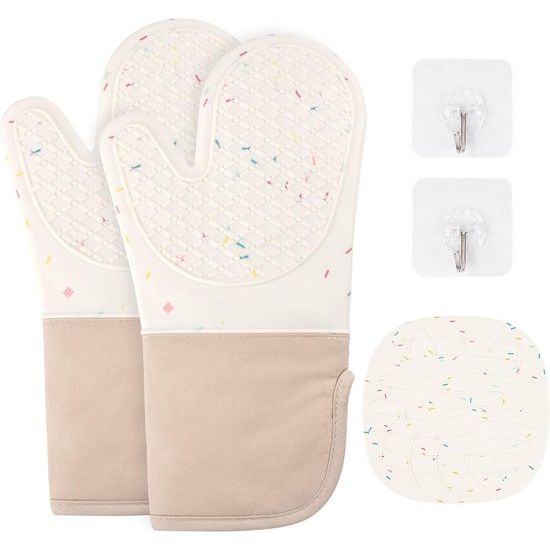 Ovenhandschoenen, set van 1 paar siliconen en katoen, antislip, hittebestendige ovenhandschoenen, ovenhandschoenen voor keuken, koken, bakken, grillen, BBQ, met 1 pannenlap