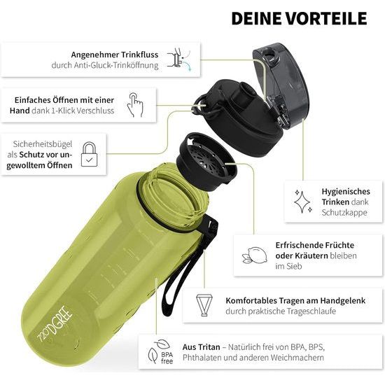 uberBottle crystalClear Drinkfles + Zeef - 1,5 L - BPA-vrij - Waterfles voor sport, sportschool, fitness, buitenshuis, wandelen - Grote sportfles gemaakt van Tritan - Licht, onbreekbaar, duurzaam