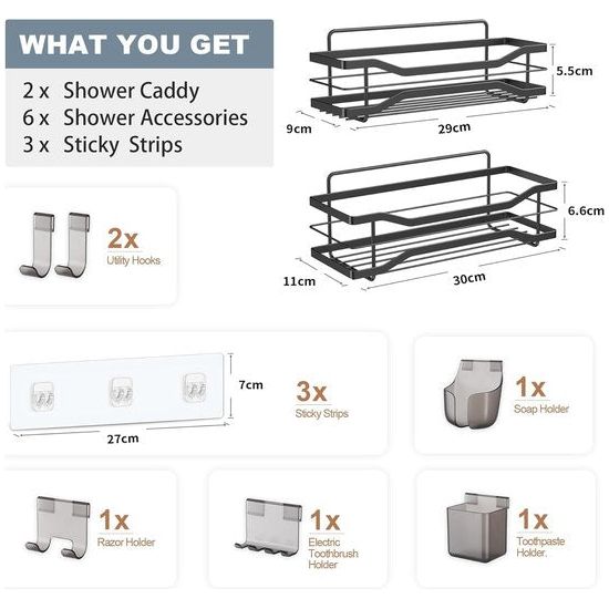 Shower Shelf, No Drilling, Pack of 2 Shower Shelves, Black, Stainless Steel Shower Basket with 8 Accessories, Rustproof Bathroom Shelf, Self-Adhesive Shampoo Holder