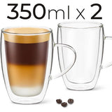 Koffiemokken, set van 2 latte glazen van 12 oz met handvat, dubbelwandige geïsoleerde koppen van helder borosilicaatglas - wijn, theeglazen.