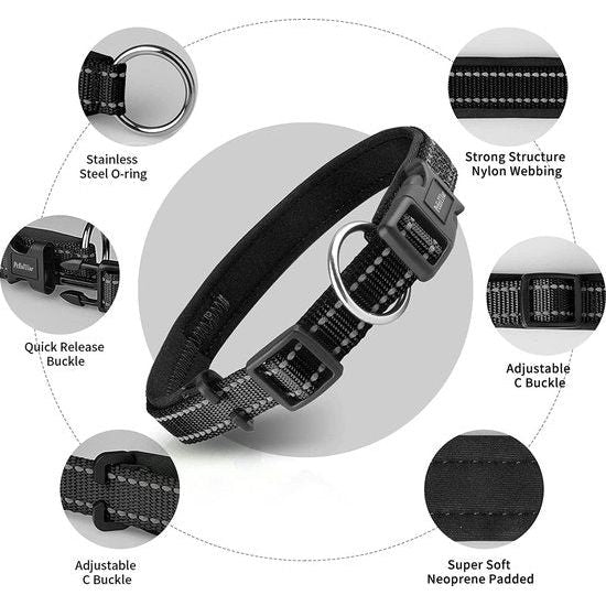 Zachte Halsband Reflecterende Verstelbare Gewatteerde Halsband Met Tag Voor Kleine Grote Honden - Zwart - S