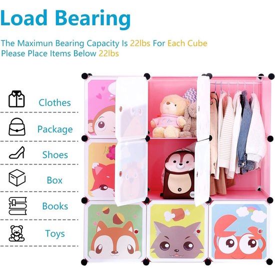 Uitbreidbaar kinderrek kinderkledingkast traprek boekenrek met deuren, diepere vakken dan normaal (45 cm vs. 35 cm), 110 x 47 x 110 cm roze