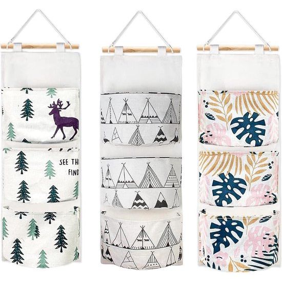 Wall Hanging Bags 3 Pieces Wall Hanging Storage Bag with 5 Pockets, Organiser for Children's Room, Waterproof Hanging Storage, Linen Coloured Hanging Bag Organiser, Suitable for Bathroom