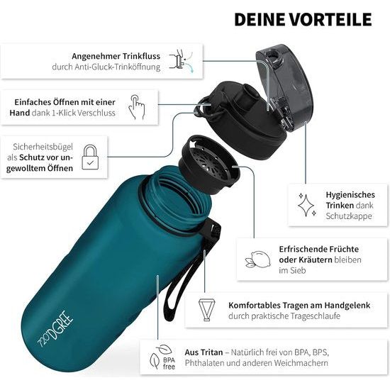 SoftTouch-waterfles "uberBottle" 2 l + zeef - BPA-vrij - XXL-waterfles voor sportschool, sportschool, training, fitness, sport, outdoor - grote sportfles van Tritan - lichtgewicht,