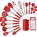 Keukengerei, 20-delige set met anti-aanbaklaag, siliconen keukengerei, hittebestendige kookgerei, keukenaccessoireset met gebruiksvoorwerpenhouder en roestvrijstalen handgreep, vaatwasmachinebestendig (rood)