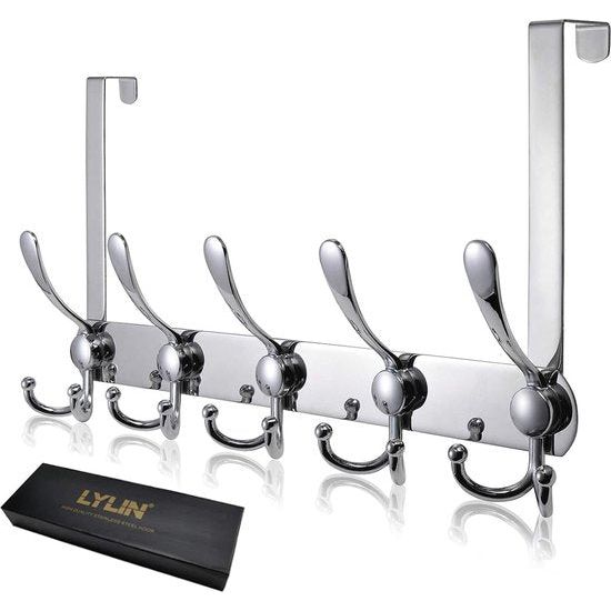 Roestvrijstalen deurhaak, deurkapstok met 15 haken, deurkapstokhaak zonder boren, deurkapstokhaak voor keuken, badkamer, hal en slaapkamer (zilver, deursponningdikte tot 2 cm)