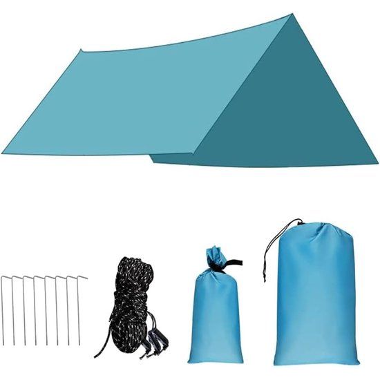 Tentzeil, waterdicht, 3 m x 3 m, camping, tarp, ultralicht, hangmat, luifel, waterdicht, tentzeil, Oxford-zeil, 2000 mm, regenbescherming, zonwering voor outdoor, reizen, strand, blauw