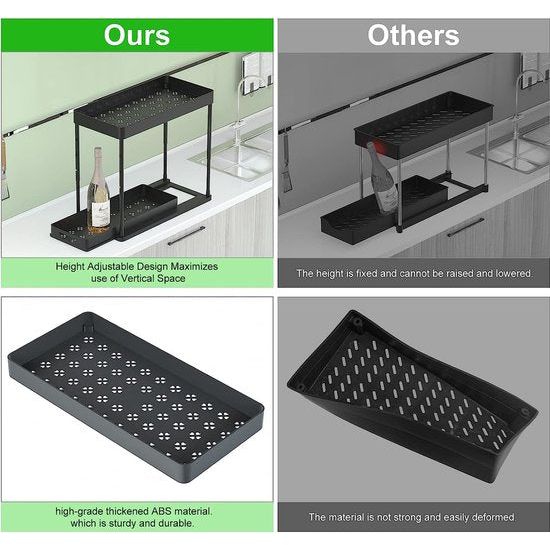 2-delige keukenorganizerset met 2 niveaus, plank voor onder de gootsteen, lade-organizer, optilbare gootsteenplank met 8 haken, 16 antislippads en 2 hangende kopjes, plank voor de vaatwasser, keukenorganizer