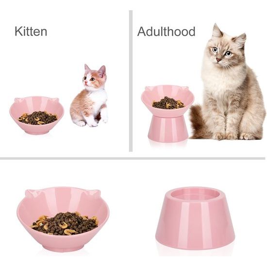 Kattenbak, kattenvoerbak, verhoogd met 15° kanteling, anti-braken kattenbakken voor voedsel en water, roze