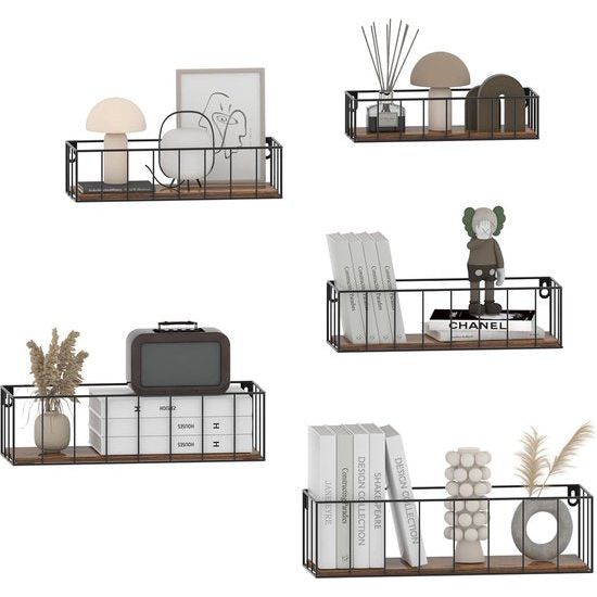 Set van 5 wandplanken, zwevende planken met zwarte metalen staven en bruine houten plank, rustieke plankenwand voor keuken, badkamer, slaapkamer, woonkamer en kantoor (verticale lijn)